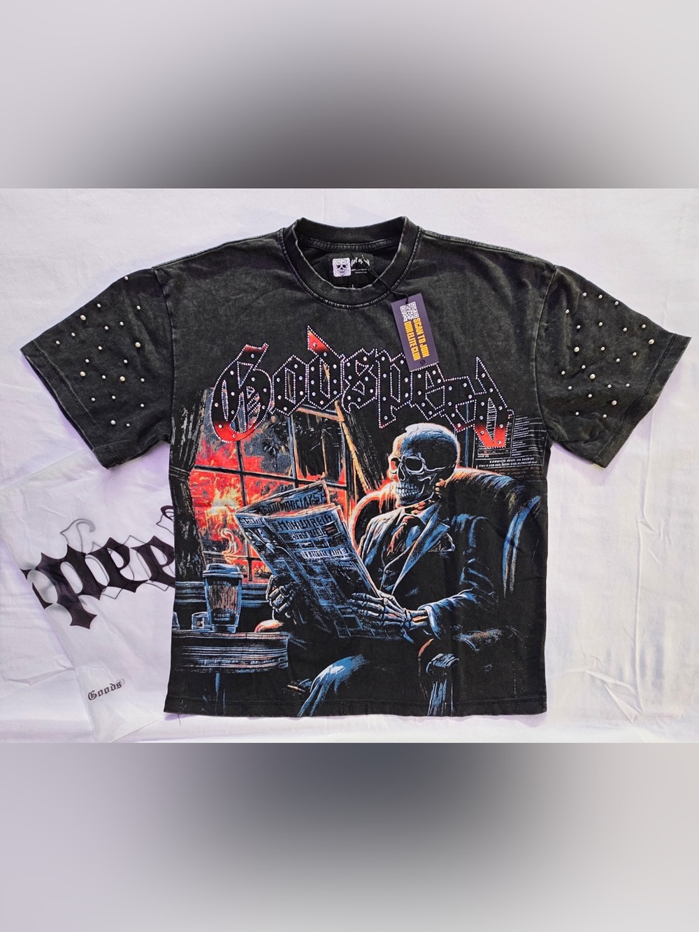 Godspeed Black Graphic Tee with stones & pearls Skull Reading Newspaper!